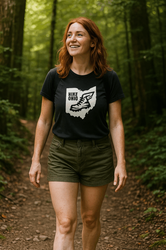 A woman with red hair is hiking through the woods in a black t-shirt with the state of Ohio on it and the words "Hike Ohio"
