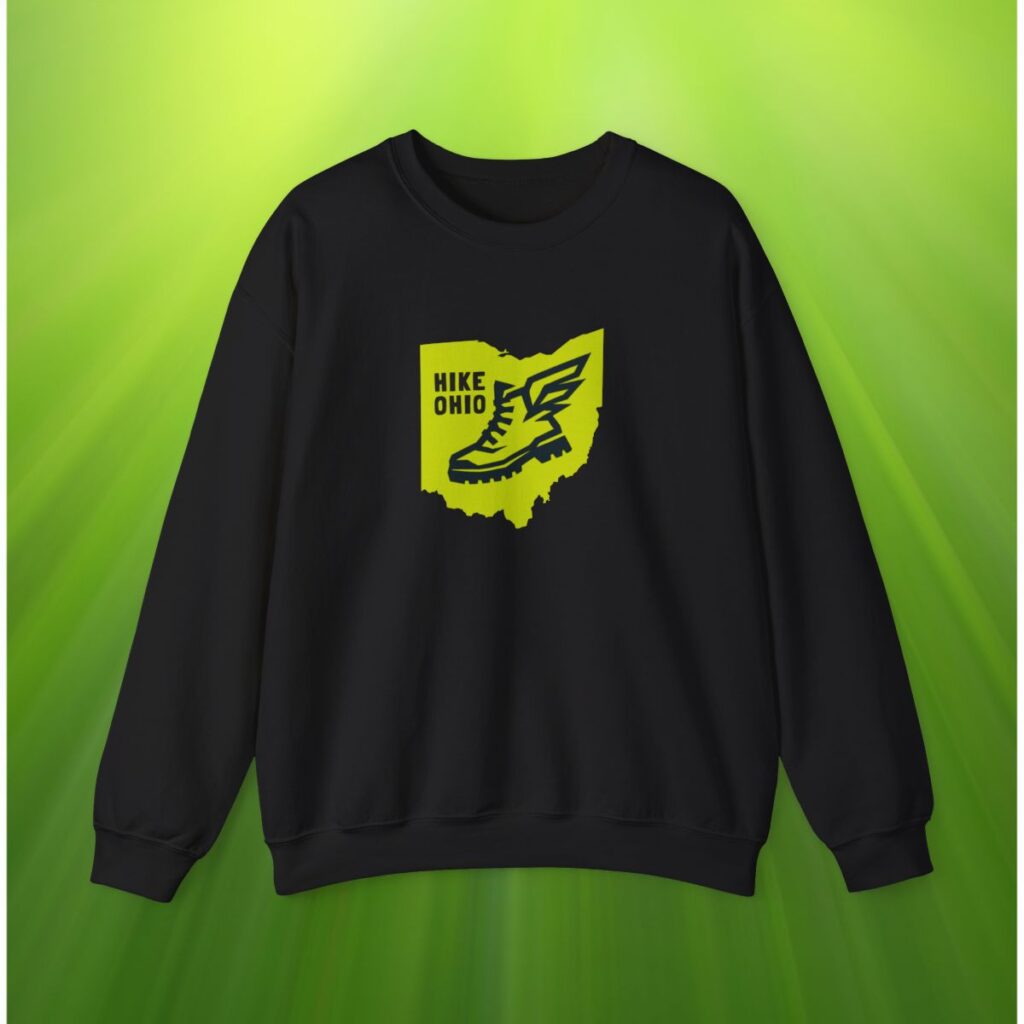 A black sweatshirt with a green state of Ohio graphic and the words "HIKE OHIO"