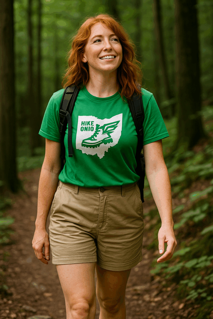 A woman with red hair is hiking through the woods in a green shirt with the state of Ohio on it and the words "Hike Ohio"